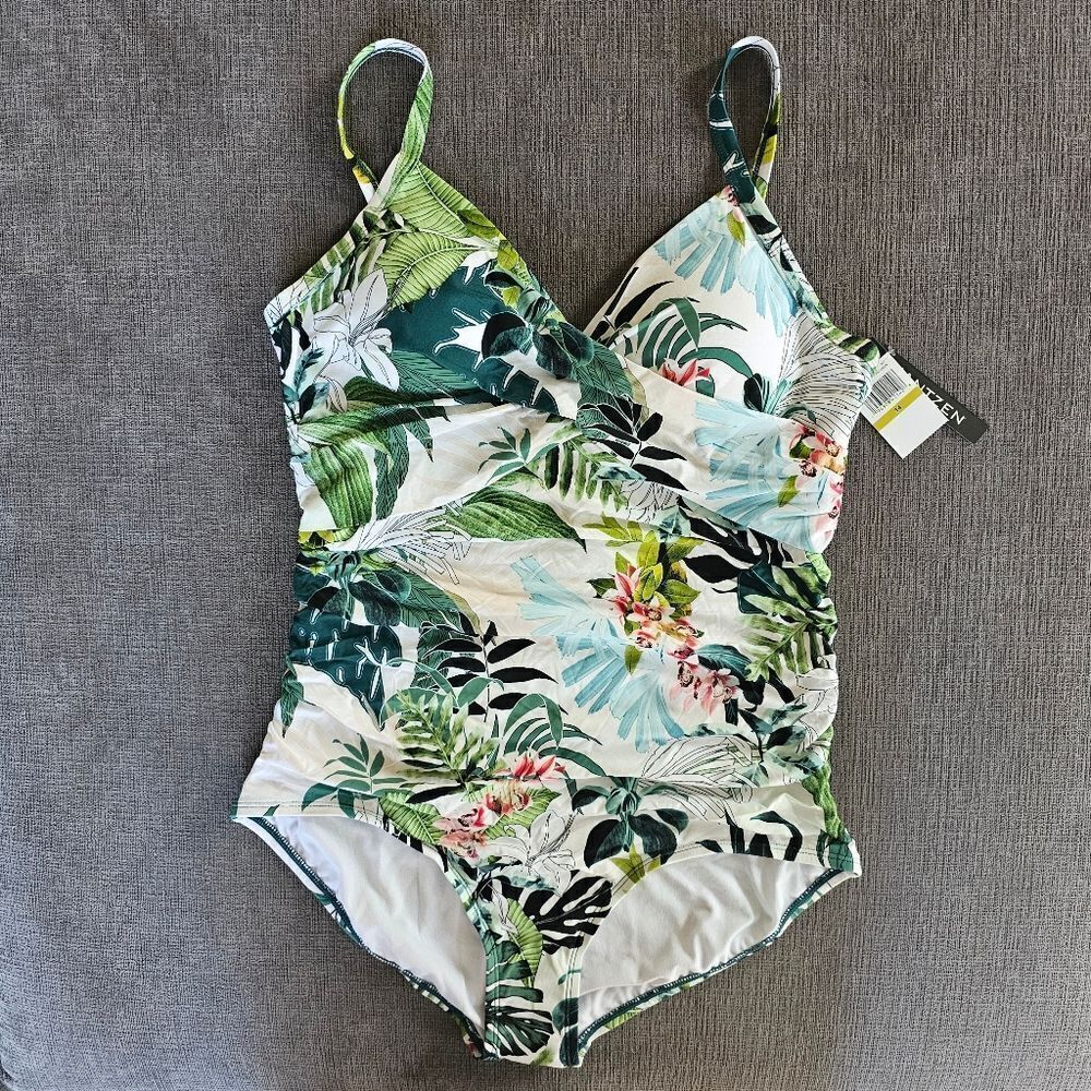 Jantzen Women's Nature Glow Flora Surplice Floral One Piece Swimsuit Size 14